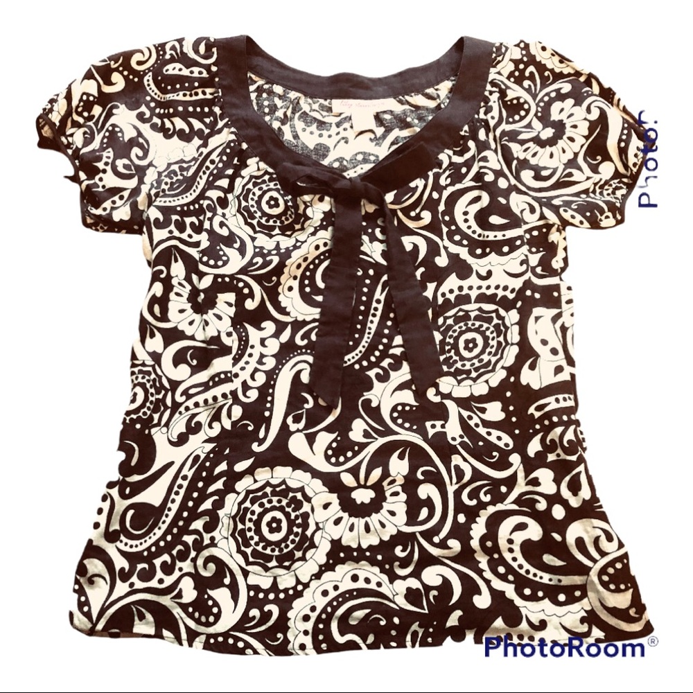 Lily Stanhope Shirt Top Size M Brown Tan Paisley Linen Shirt Blouse Sleeve Bow